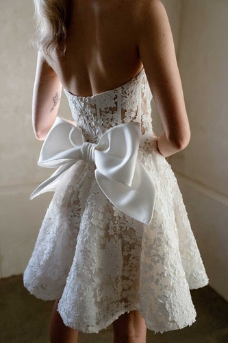 Strapless Wedding Short Dresses Sleeveless Applique A Line Bowknot Summer Custom - Picture 7 of 23