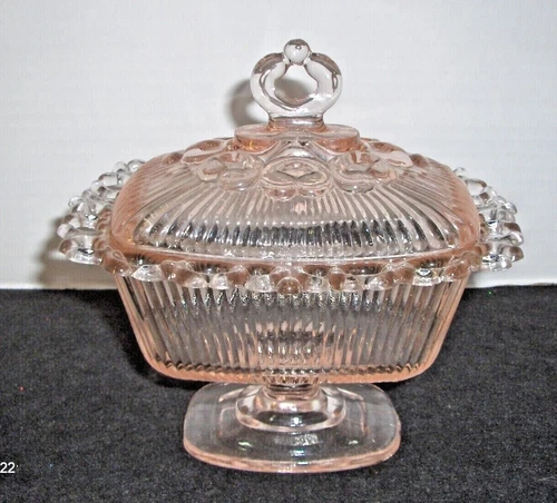 Vintage Indiana Glass Pink Depression Glass Lidded Footed Compote Candy Box
