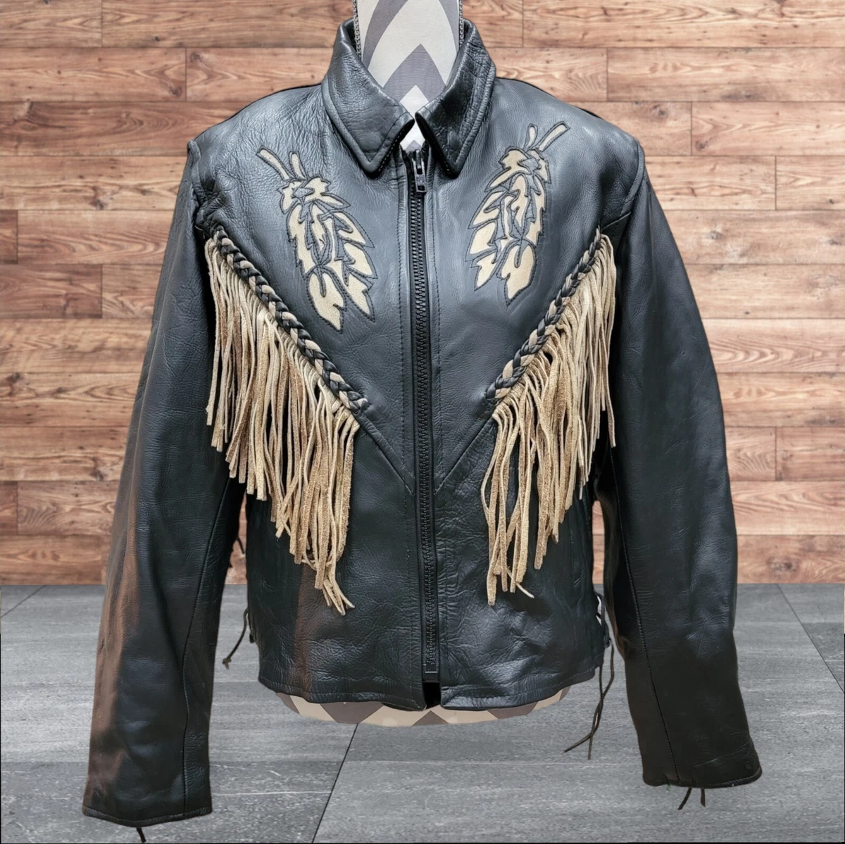 Vintage Leather Biker Jacket Fringe Women's L Black Insulated