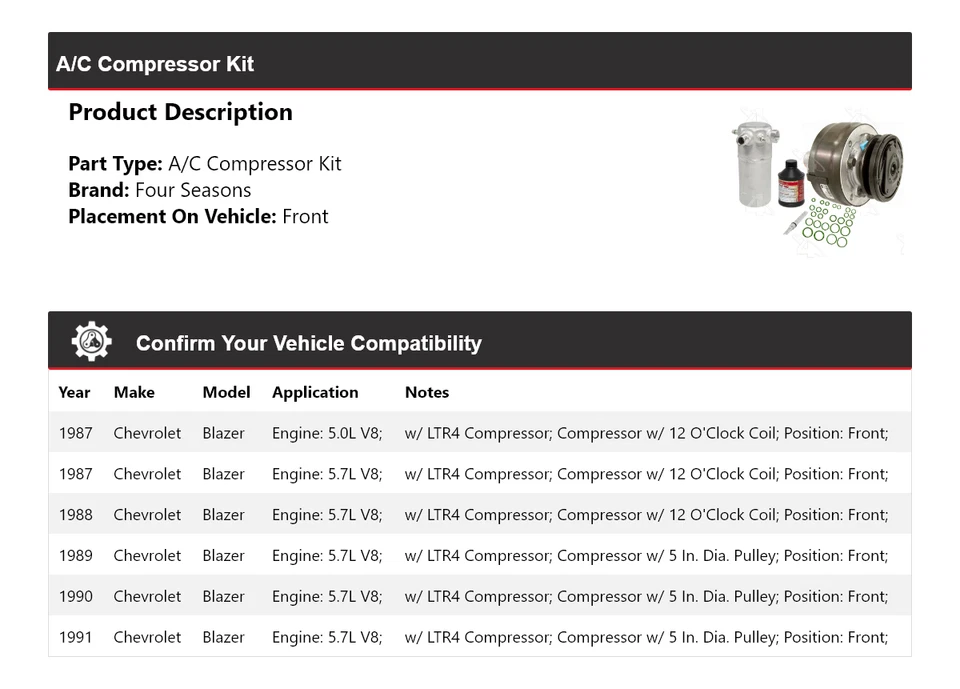 Комплект переднего компрессора кондиционера для 1987-1991 Chevrolet Blazer 4 сезона 1988 1989 1990 - Изображение 2 из 4