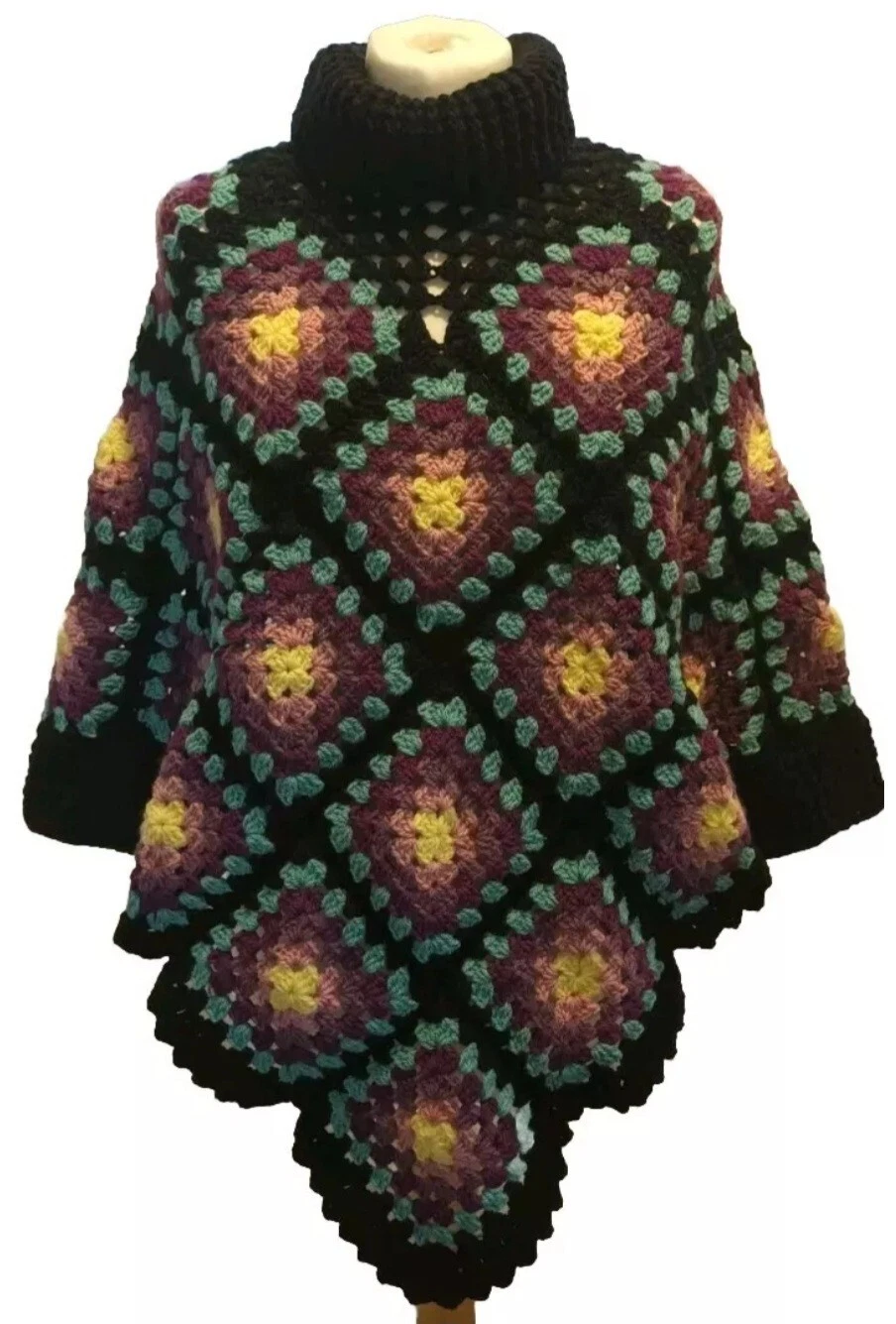 Handmade Acrylic Crochet Multi Black Poncho With 3/4 Cap Sleeve (M)