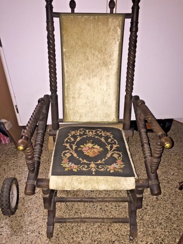 ANTIQUE EASTLAKE VICTORIAN TURNED WALNUT GOLD VELVET/NEEDLEPOINT ROCKING CHAIR - Picture 2 of 12