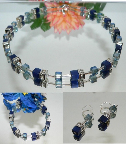 3Er Schmuckset Cube Cat Eye Nachtblau Dunkelblau Kristallglas Blau Strass 507-image