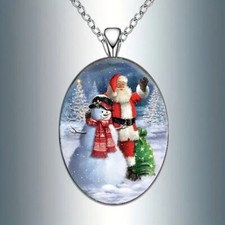Christmas Santa  Snowman Oval Art Pendant Necklace Jewelry