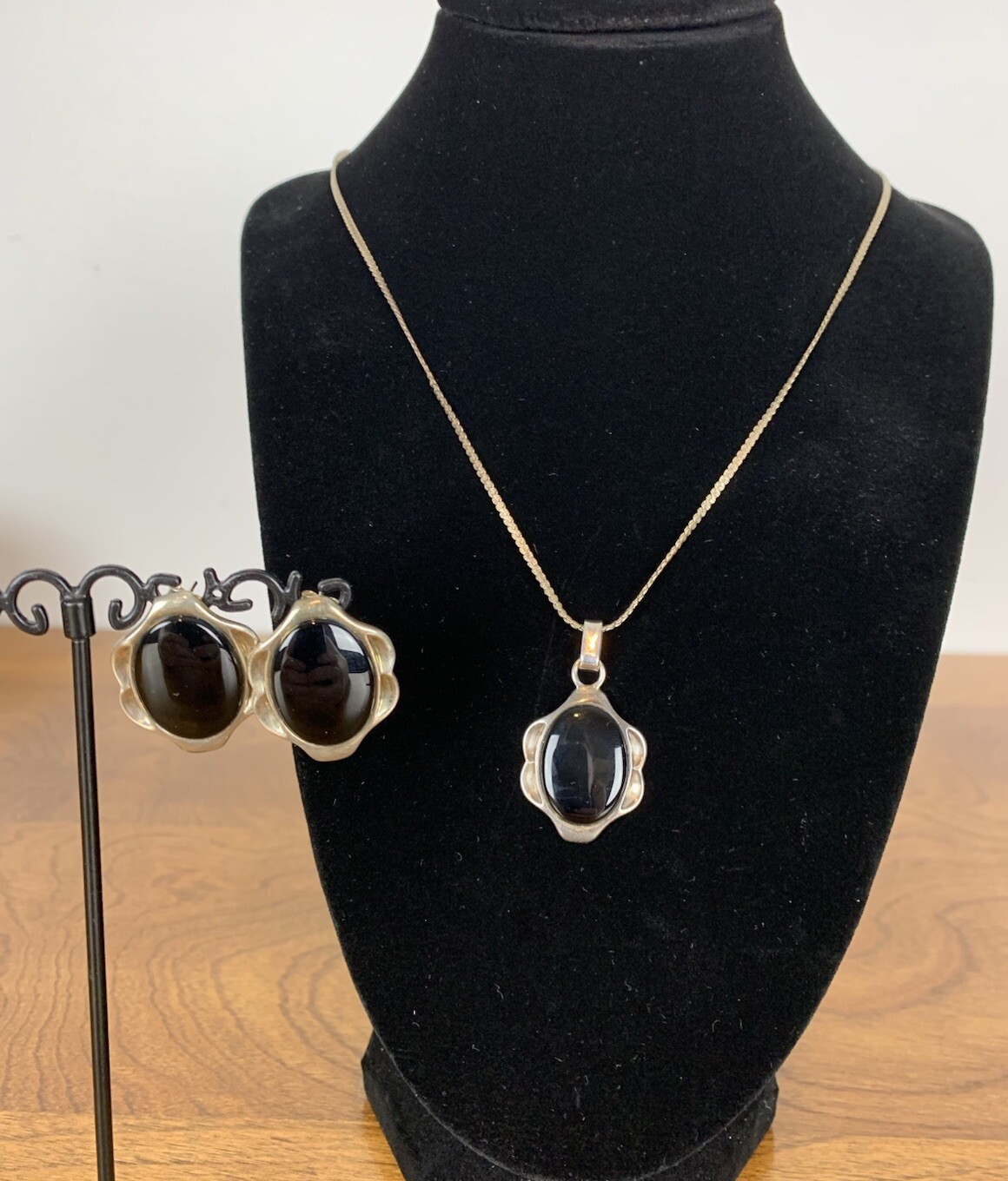 Sterling Silver Black Onyx Necklace Earrings Set Artist Stamped 925 Vtg Gothic