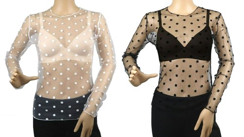 Blusa Top Para Mujer Manga Larga Malla a Lunares Transparente Informal Nueva - Imagen 1 de 9