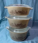 3 VTG Pyrex Forest Fancies Mushroom Covered Casserole Set w Lids  471B 472B 473B