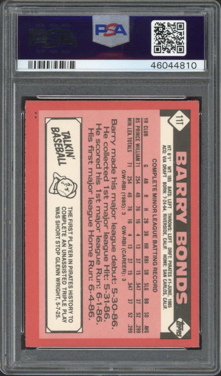 1986 Topps Barry Bonds Rookie RC #11T PSA 9 Mint Pittsburgh Pirates view 2