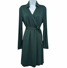 Quince Green 100% Silk Jersey V-Neck Wrap Mini Dress Long Sleeve Sz M Evergreen 