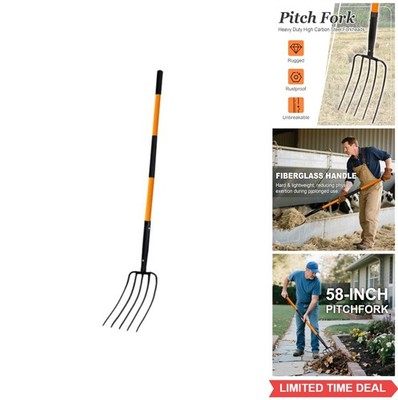 5 Tine Pitchfork 58 Inch Fiberglass Handle Heavy Duty Garden Fork for Mulching