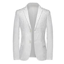 Men's White Jacquard Paisley Floral Blazer Groom Party Prom Tuxedo Wedding Suit