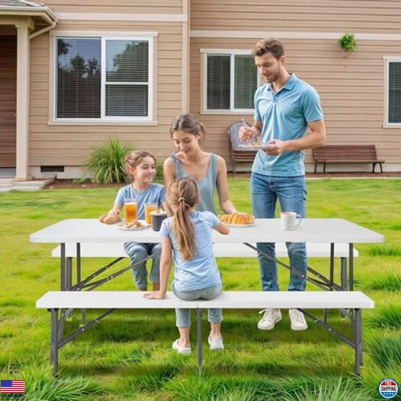 Juego de mesa de picnic ZENY blanco de 6 pies con 2 bancos - Juego de comedor de 3 piezas para fiestas Foto 3 de 4