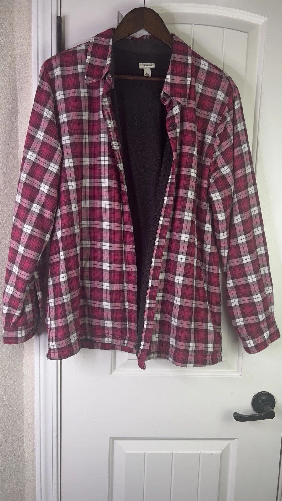 LL Bean Shirt Women L Pink Plaid Fleece Lined Flannel Shacket Button Up Outdoor