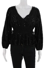 Love The Label Womens Black V-Neck Bohemian Cotton Blouse Long Sleeve Size S