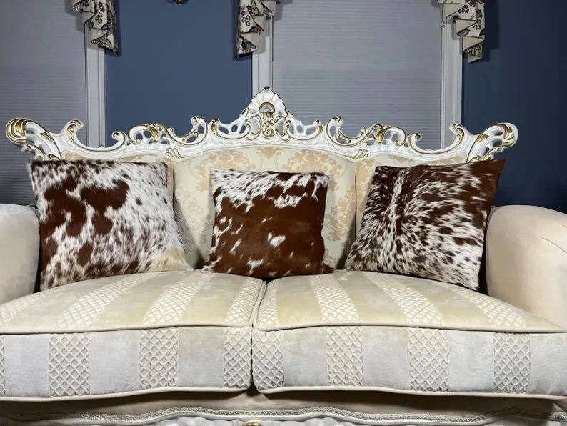 Funda de almohada de cuero de vaca - Cojín de cuero genuino para el pelo | Hecho a mano marrón y blanco Foto 4 de 4