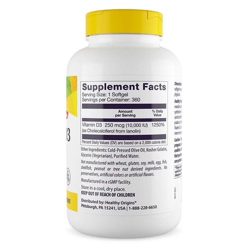 Healthy Origins Vitamina D-3 10000 IU - 360 softgels (olive Oil) - 2 conf. - Foto 4 di 6