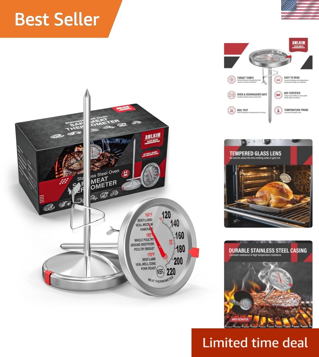 2 Pack Stainless Steel Meat Thermometer, Safe Leave in Oven, 2.5-in Extra-Lar...
