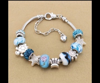 Silver Snake Chain Bracelet w/Aqua Blue & Silver Beachy Sea Life Charms - 7.8''