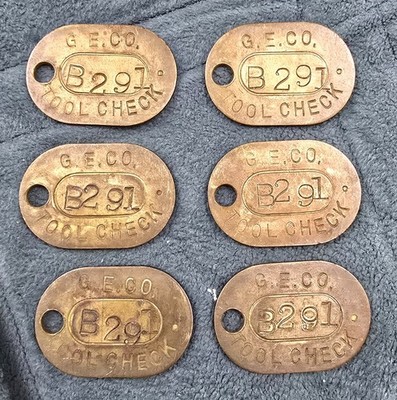 Lot of 6 (SIX) Vintage GE Co. (GENERAL ELECTRIC COMPANY) Brass Tool Check Tags  