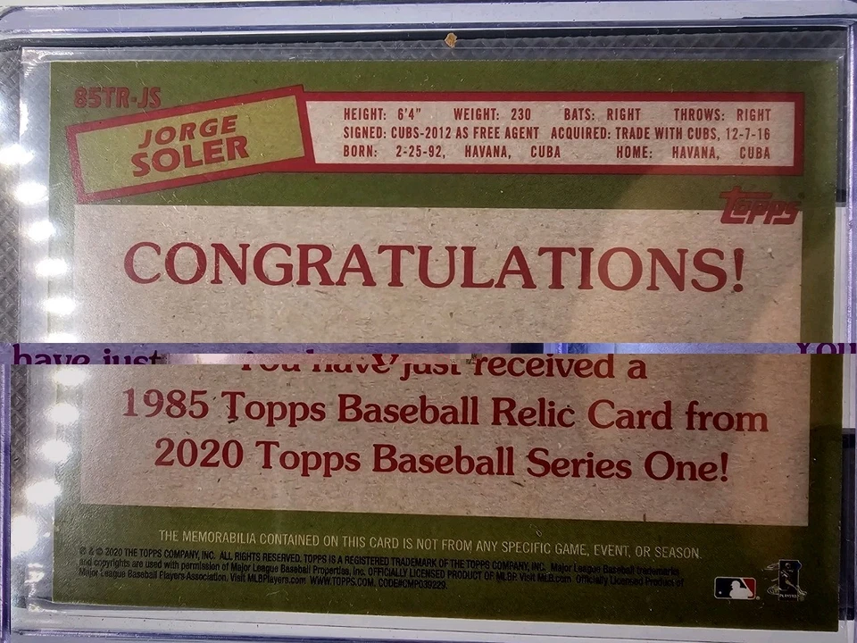 Tarjeta reliquia camiseta Jorge Soler 2020 Topps Serie 2 1985 Kansas City Royals Foto 2 de 2