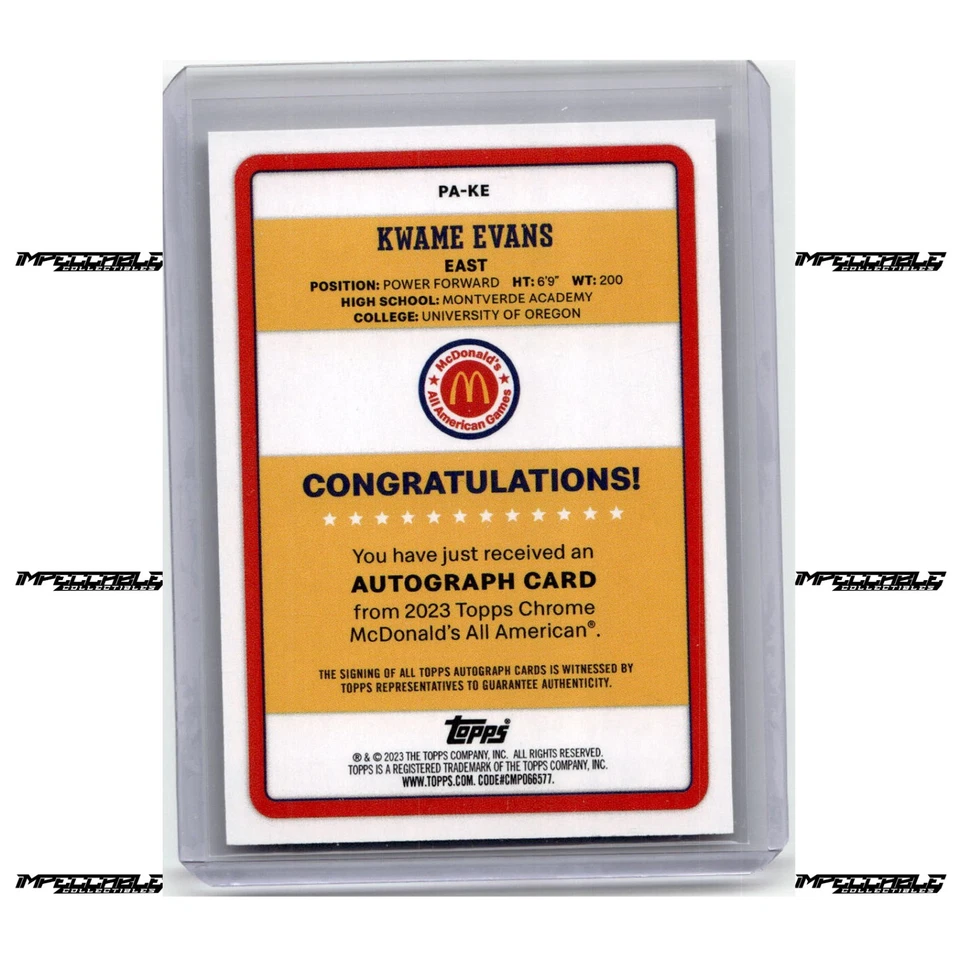 2023 Topps Chrome McDonald's A/A - #pA-KE Kwame KJ Evans Rookie On Card Auto - Image 2 of 2
