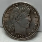 1909 Barber Half Dollar 50C Silver 0.9 Fine US Coin Uncertified