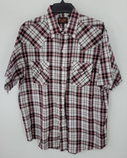 Plains Western Wear Shirt Mens Large Black Maroon White Plaid Pearl Snap Cowboy