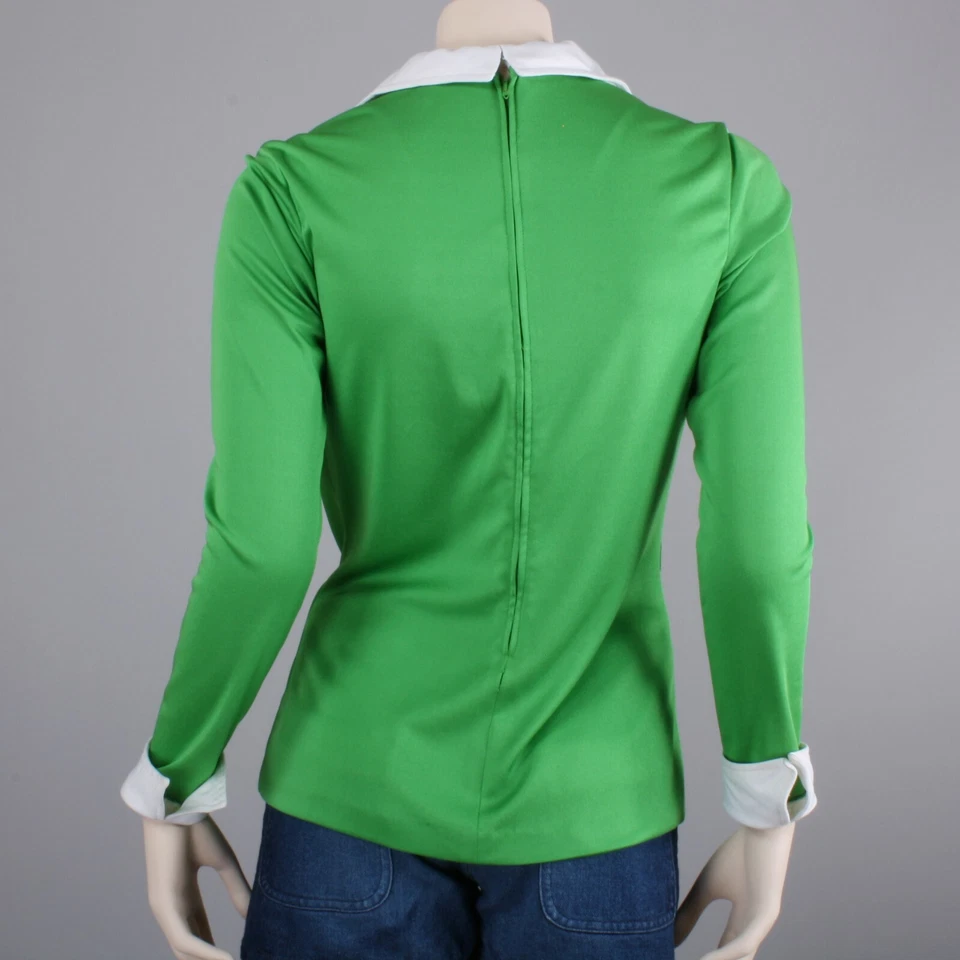 Camisa M Vintage Años 60 R&K Verde Brillante Blanco Manga Larga Fina Nylon Mod Años 70 Foto 4 de 4