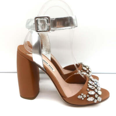 MIU MIU ブラウンレザーミュール ヒール8cm ミュウミュウmiumiu レザーヒールコインローファー 茶 茶38(23cm