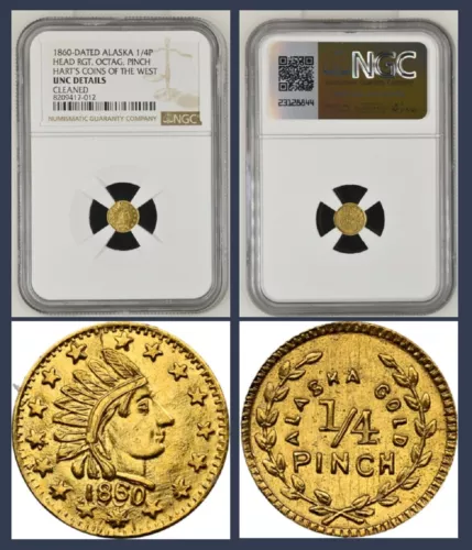 R.8! 1860 ALASKA 1/4P HEAD RGT, OCTAG, HART'S COINS OF THE WEST / NGC UNC R.8!