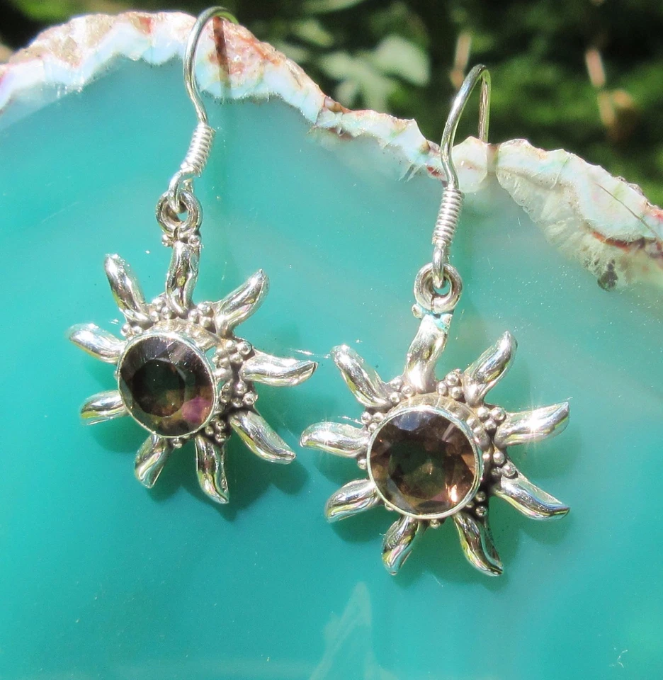 Rx Orecchini Sole Quarzo Affumicato Braun Segno Bilancia Argento Sterling 925 - Immagine 2 di 4