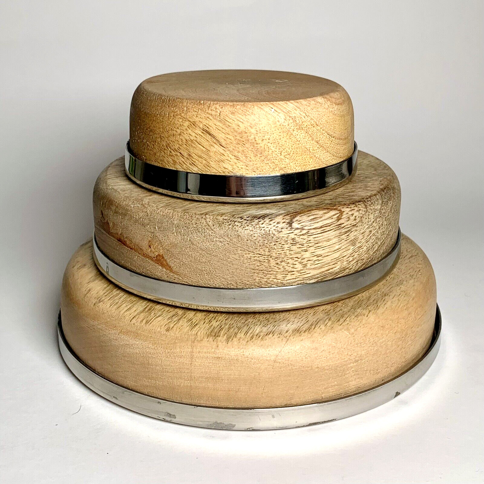 Wood Serving Bowls Silver Toned Metal Rims Natural Nesting Modern Style Set of 3