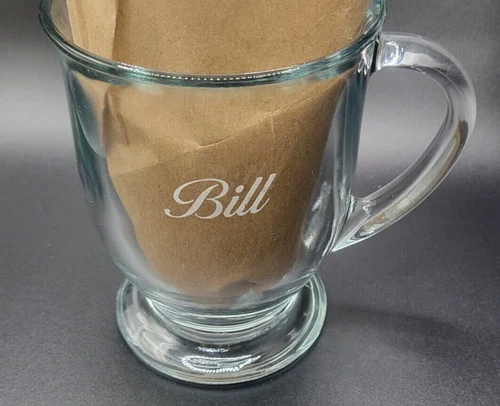 Anchor Hocking Clear Glass Café 16 Oz Coffee Mug, "Bill" Etched Into Glass