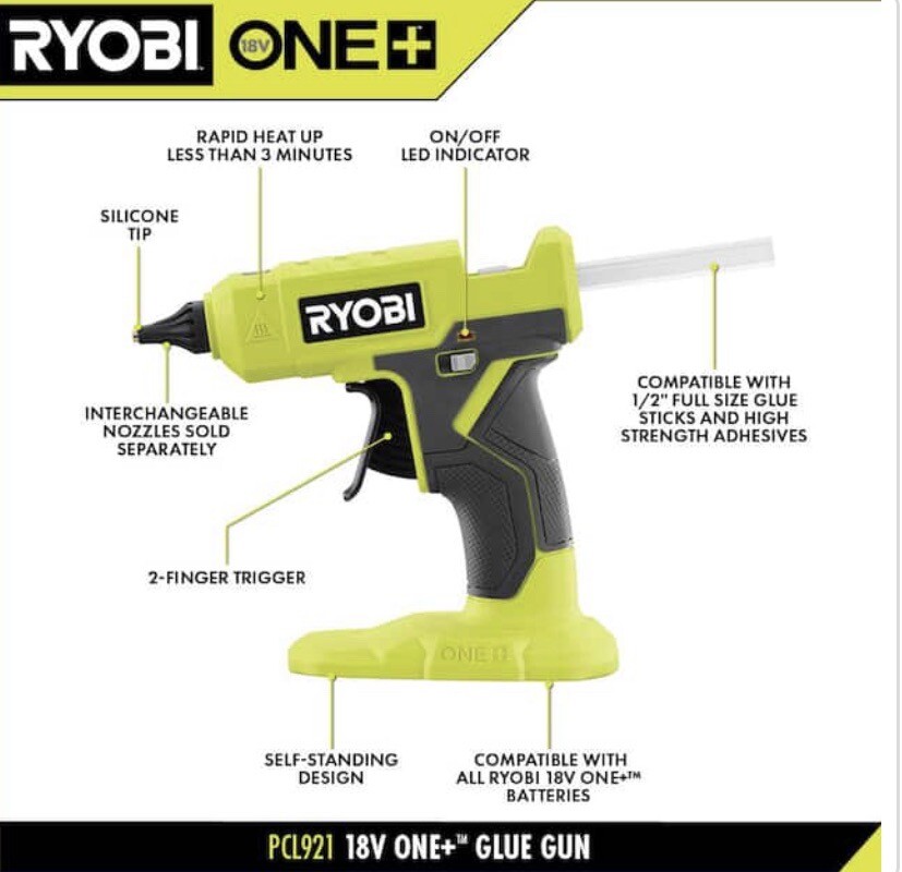 NEW! RYOBI 18V Hot Glue Gun Cordless Full Size (ToolOnly) with 3 Glue