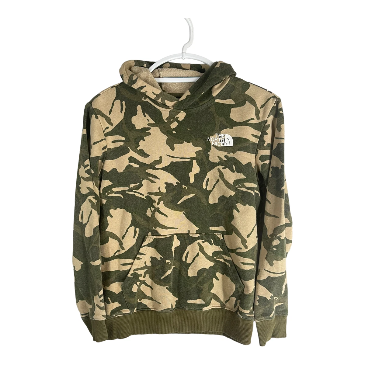 North Face Boys Hoodie Large Green Camouflage Sweatshirt Fleece