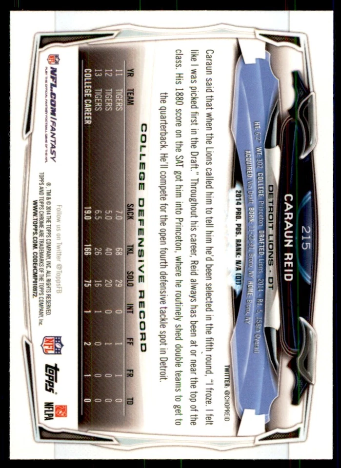 2014 Topps Chrome Caraun Reid Football Cards #215 - Image 2 of 2
