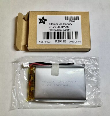 Adafruit 2011 Lithium Ion Battery 3.7v 2000mAh Lipo JST 2 Pin connector