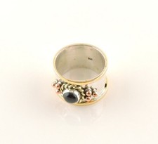 Sterling Silver Black Onyx Tri Color Wide Band Ring