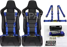 2 X TANAKA UNIVERSAL BLUE 4 POINT BUCKLE RACING SEAT BELT HARNESS