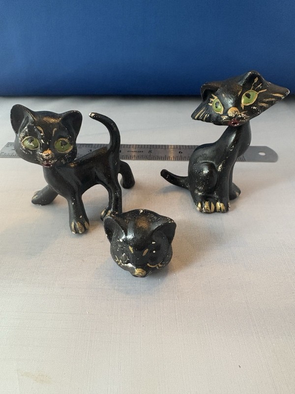 Rare Vtg Mcm Set Of 2 Ceramic Bobble Head Like Black Halloween Cats Extra Head 