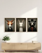 Set of 3 Woodland Animals Printable Wall Art Fox Bunny Bear Digital Download PNG
