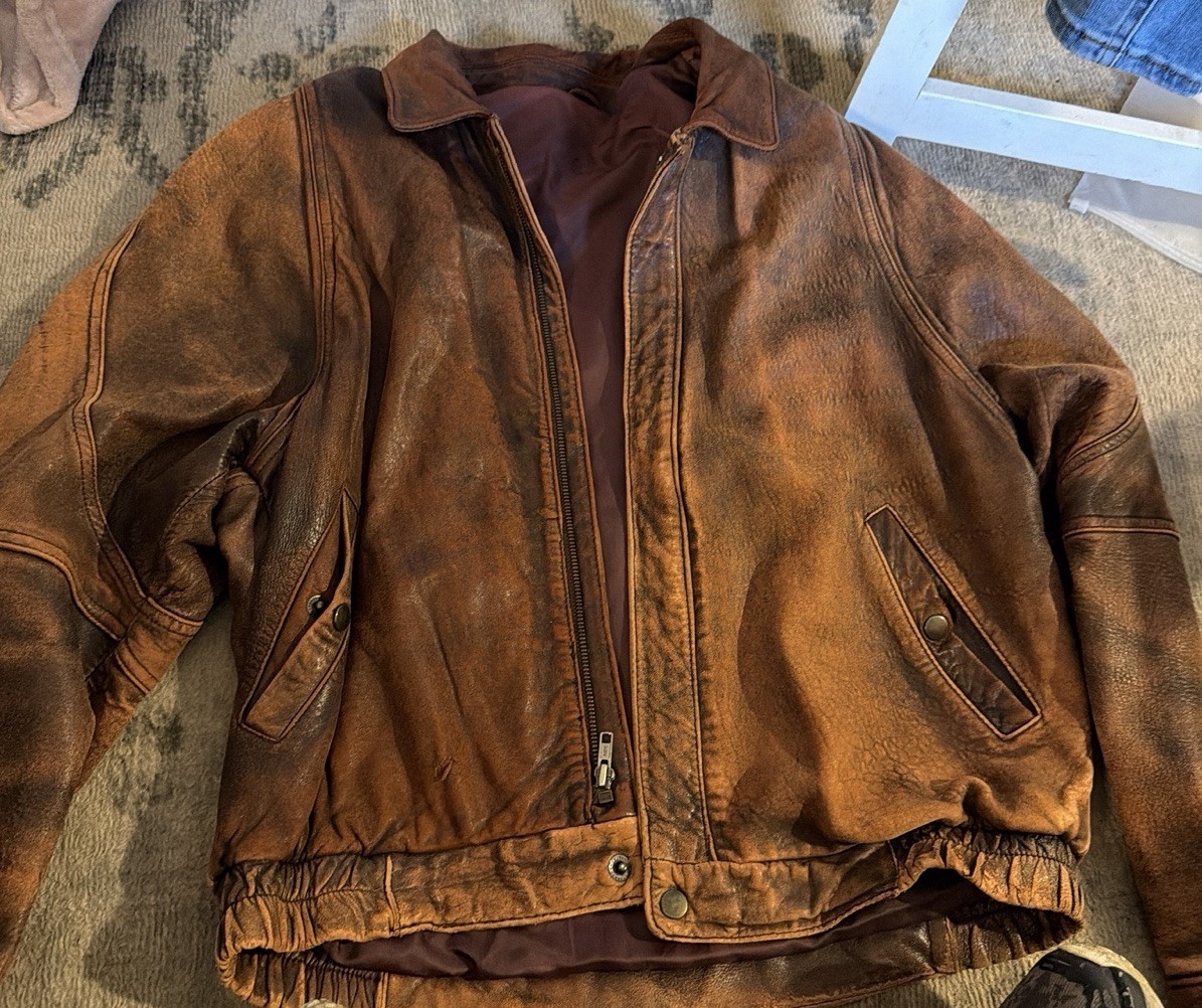 Vtg. Tana Leather Brown Distressed Bomber Jacket Made in Korea 80's Gen. Leather