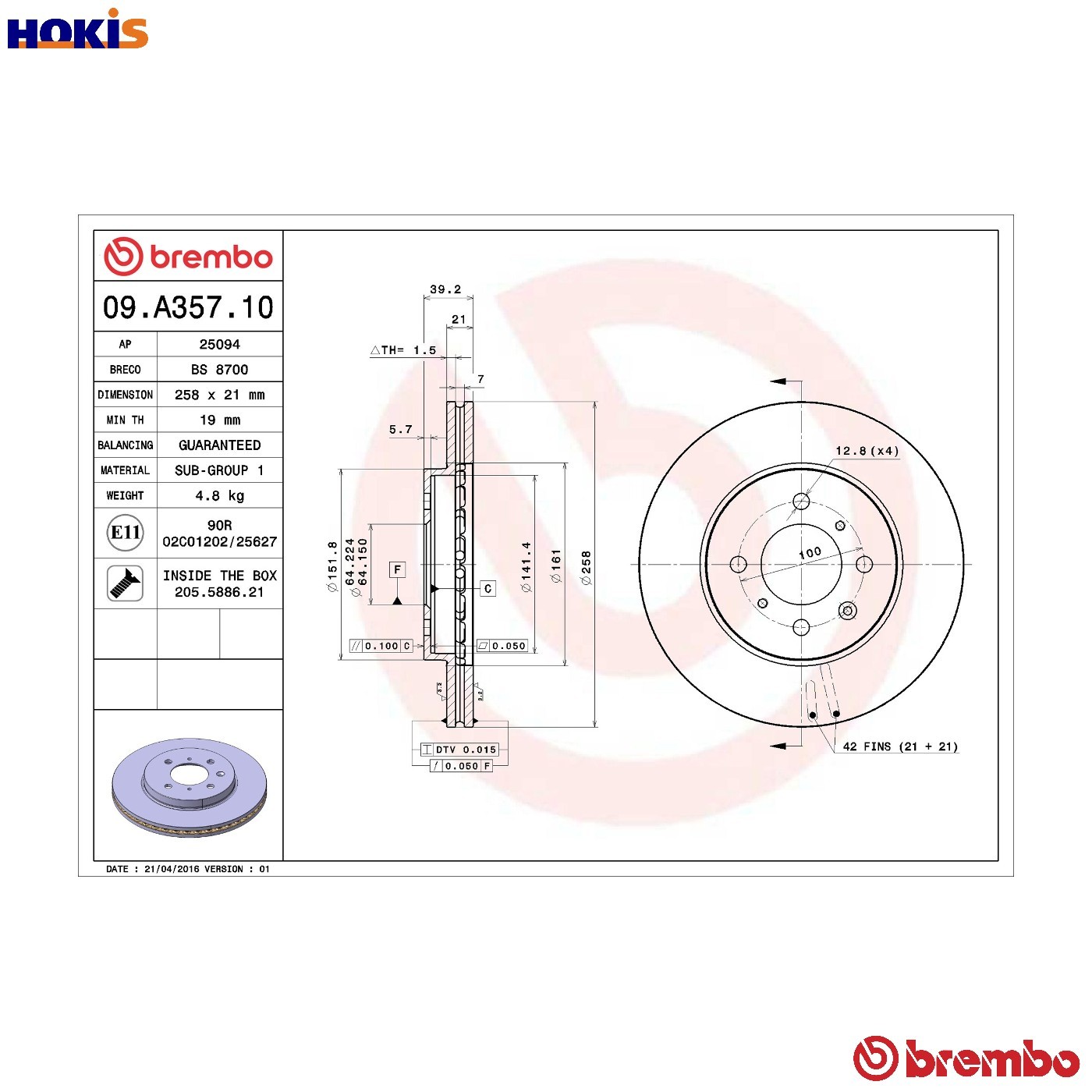 Front Set 2x Brake Discs BREMBO 09.A357.10 for Honda Jazz/City/Fit (02-15) - Image 11