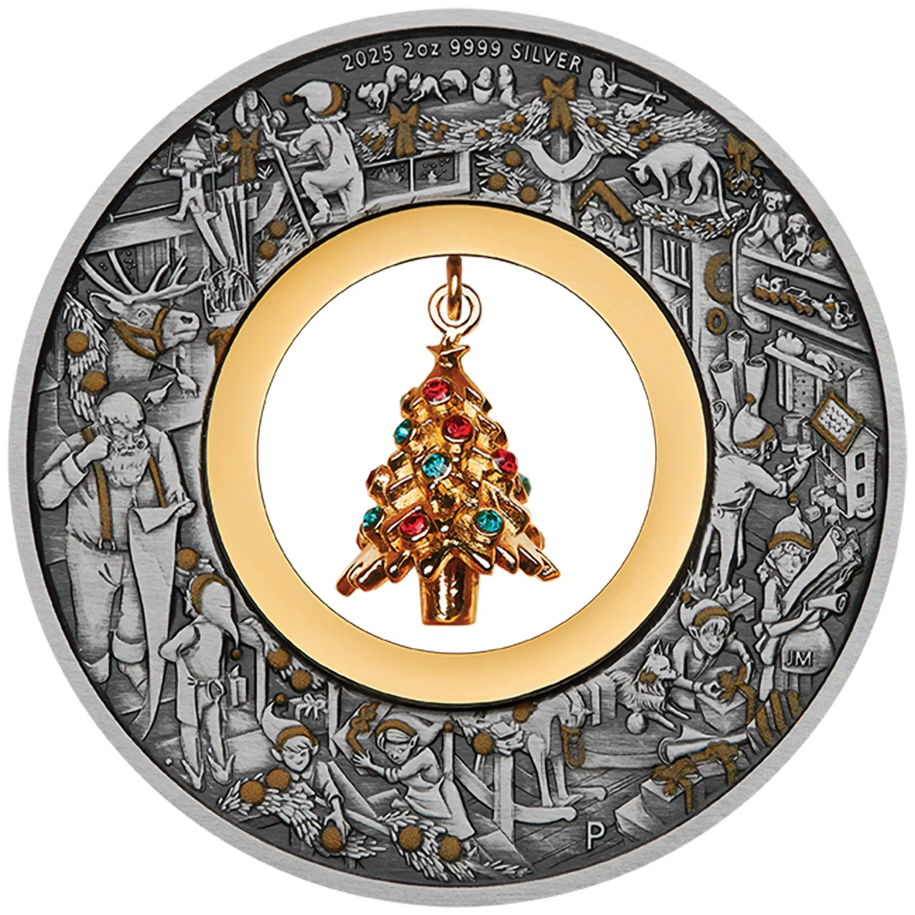 Moneta Argento Albero di Natale Laboratorio di Babbo Natale 2025 - Tuvalu - 2 Oz Finitura Antica - Foto 2 di 5