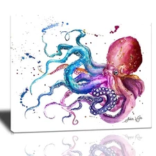 Watercolor Octopus Decor Wall Art, Abstract Sea Animal Canvas Painting Prints...