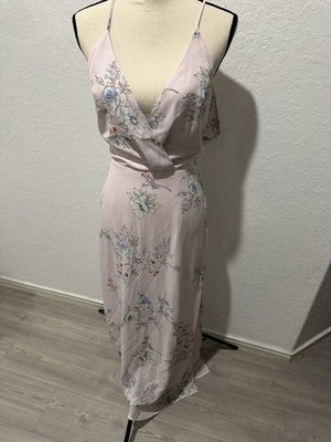 Lush Pink Floral Satin Slip Dress V-Neck Open Back Lined Midi Size S