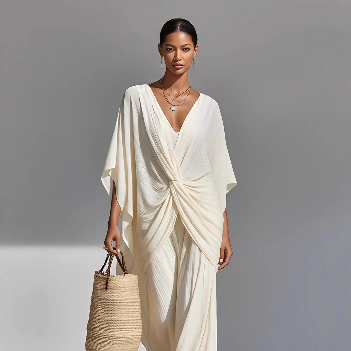 Pleated Dress, Women's V-neck Loose Dress, Summer, Vacation Style