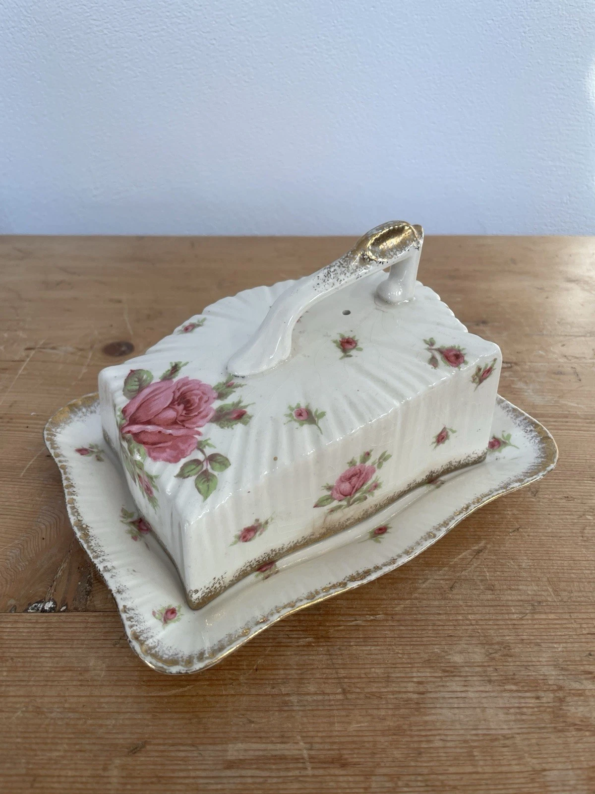 Vintage Crown Ducal Ware Butter Dish Pink Roses Floral England Cheese Dish Retro