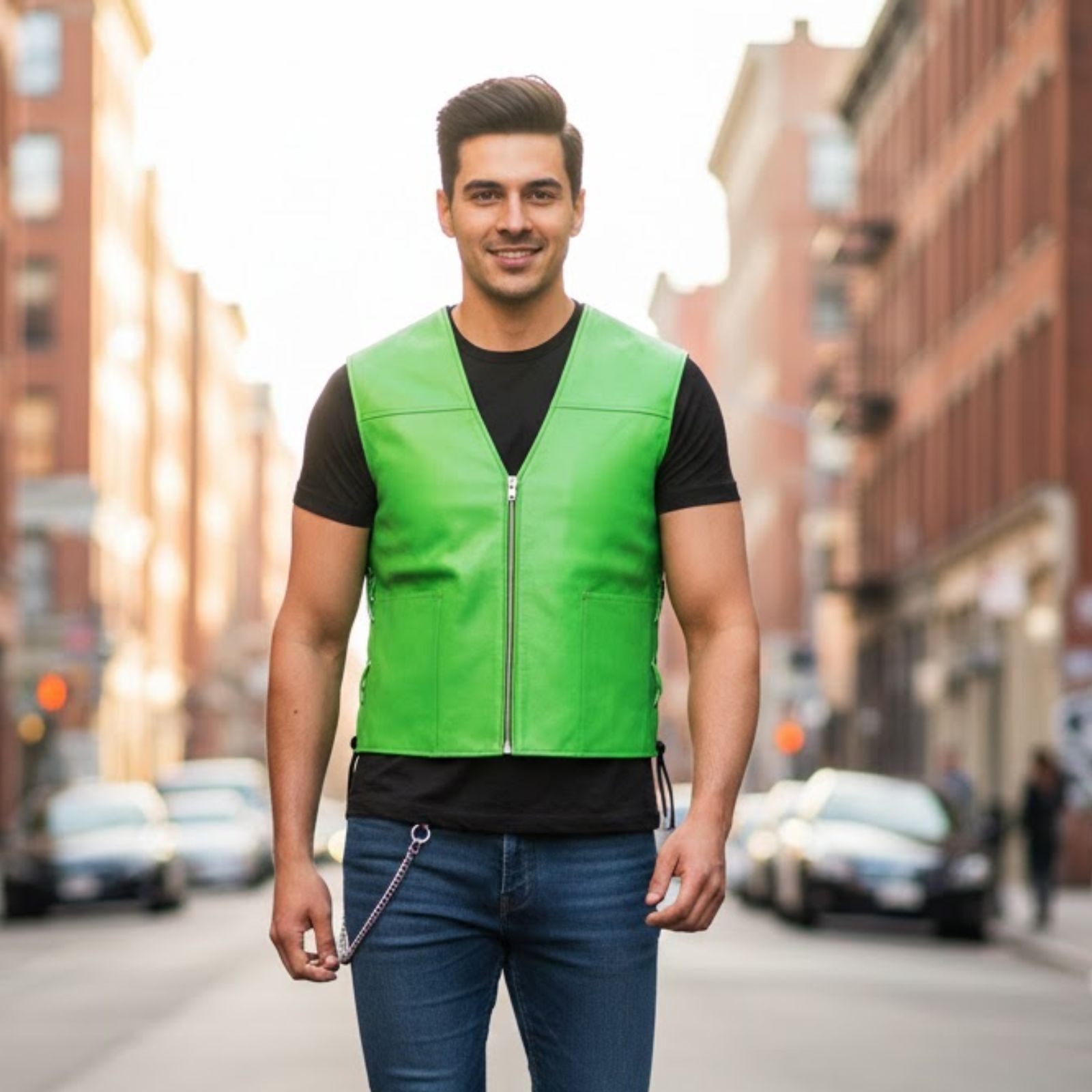 Mens Leather Motorbike Vest Durable Riding Wear Comfortable and Stylish Green image 2