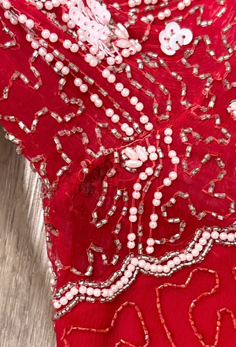 Laurence Kazar Dress Medium Red Beaded Silk Gown Long Sleeve Sheer Vintage READ - Picture 7 of 21